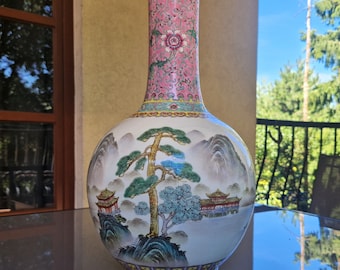 Duży chiński wazon z porcelany: ręcznie malowany pejzaż, emalia Famille Rose, dekoracja chinoiserie 17"