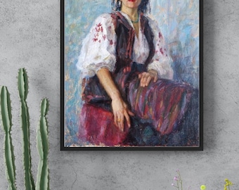Original Oil Painting on Canvas - Vintage Rustic Woman Portrait, Ukrainian Folk Art, Vintage Wall Art Mid Century Ukrainian National Costume