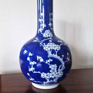 Vintage Chinese porcelain vase, Blue and white bottle vase 20th century, Hand-Painted prunus blossom design, Jingdezhen 33,5 cm // 13,2&quot;
