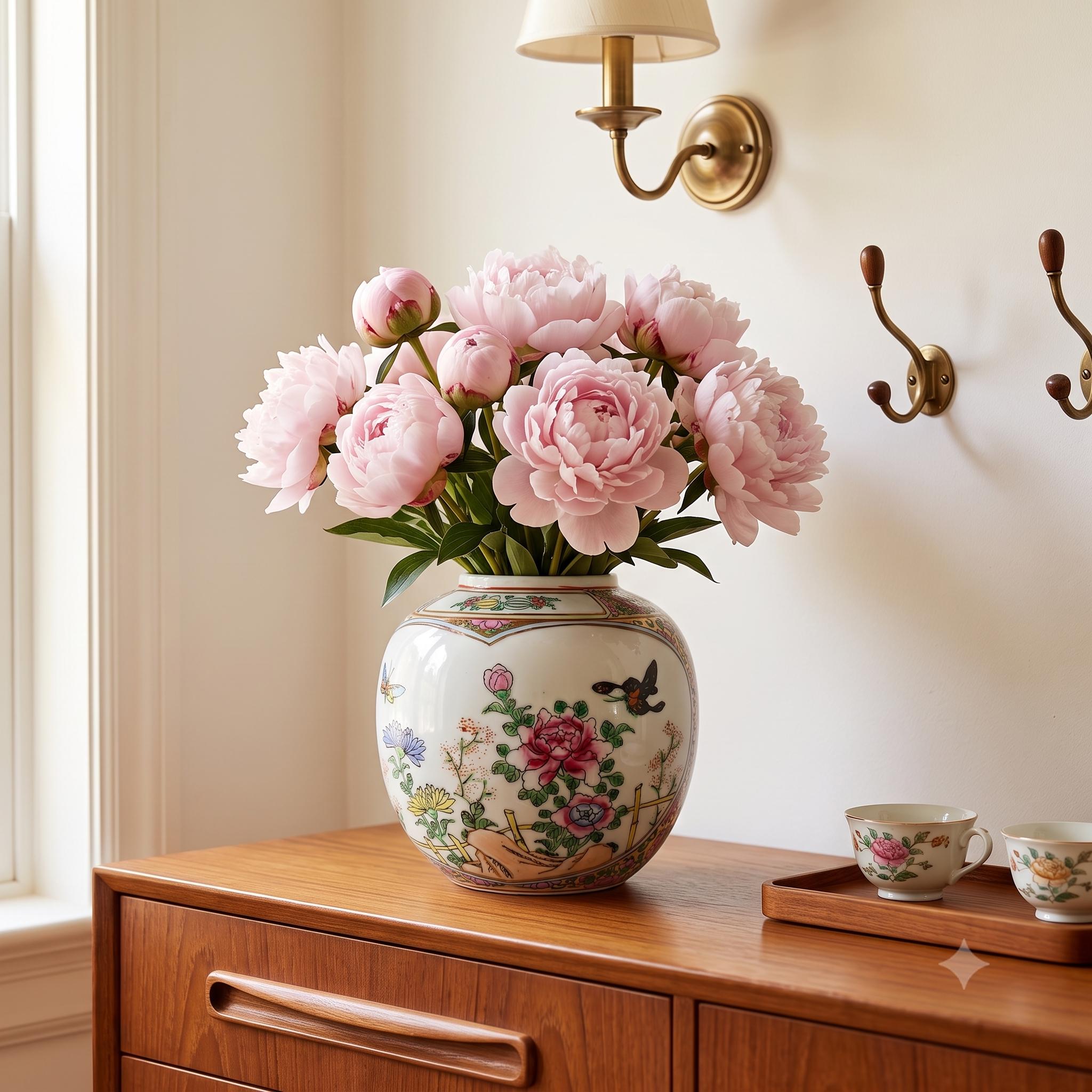 Vintage Rose Medallion Chinese Porcelain Vase: Hand-Painted Canton Jar Chinoiserie, Gold and Pink Flowers Decoration