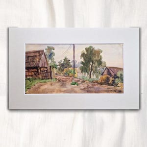 Vintage Watercolor Landscape Painting: 1970s Rural Village Art