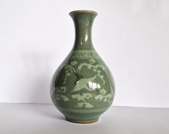 申相浩（1947年生まれ）韓国現代陶芸家 青磁緑粉青ニンニク頭花瓶