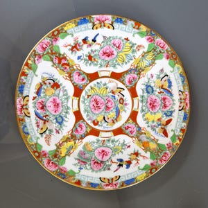 Vintage Rose Medallion Porcelain Plate: Hand-Painted Chinoiserie Decor