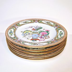ROSE MEDALLION Chinese Plates, Canton Set 6pcs 8&quot; Porcelain Plate, Vintage Hand Painted Pink Gold Decorated Plate, Export Kanton Chinoiserie