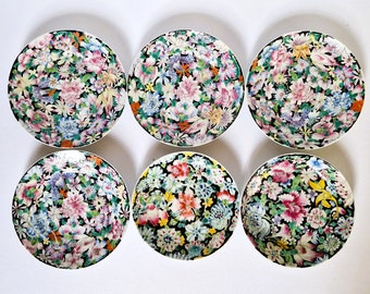 Antique Chinese Mille Fleur Porcelain Plates - Republic Period Porcelain Set, Chinese Flowers Ceramic set of 6