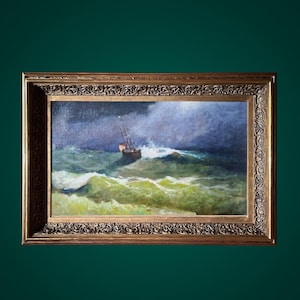 Antique Oil Painting Seascape, Maritime Painting Oil on Canvas, Ship in a Storm Wall Art, Moody Wall Art, Oil on Canvas Romantic Marine Art
