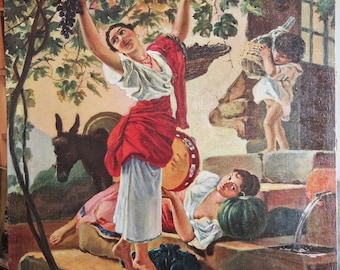 Antique Oil Painting: Italian Girl Gathering Grapes, Large Moody Wall Art on Canvas, Countryside Grape Picking Romantic Scene