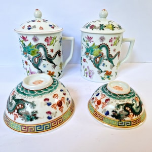 Hand-Painted Dragon & Phoenix Porcelain Bowl and Mug Set - Famille Verte Asian Decor