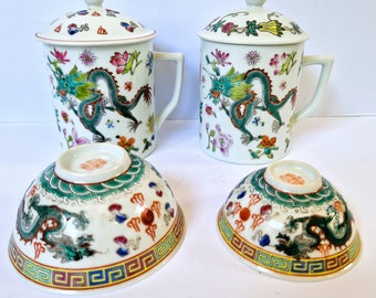Antique Chinese Dragon & Phoenix Porcelain Bowls and Mugs Set - Famille Verte Asian Decor, Deagon Mug