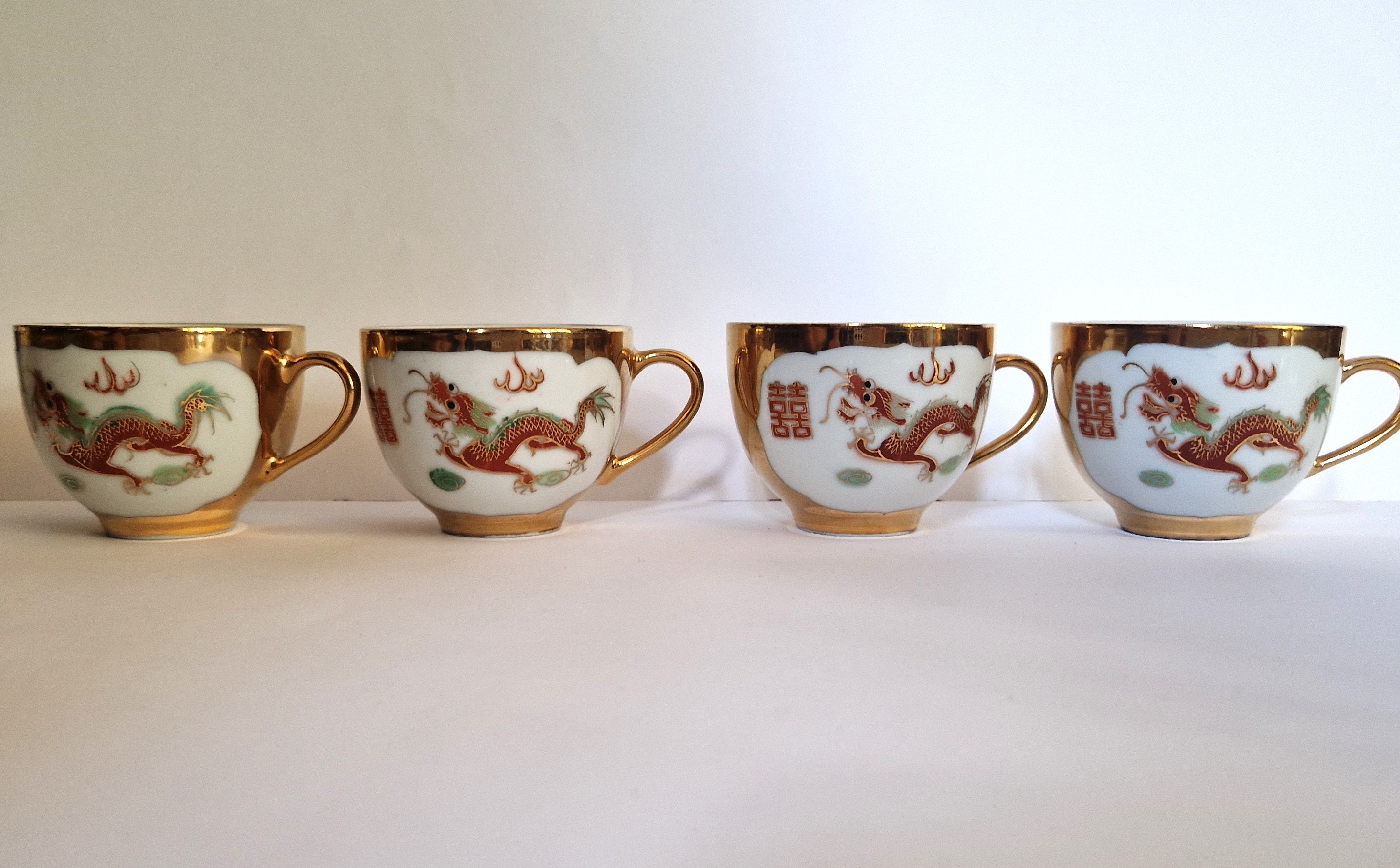 Vintage 22K Gold Dragon & Phoenix Porcelain Tea Set, Gilded Vintage 22K Gold Dragon & Phoenix Porcelain Tea Set, Gilded