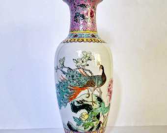 Chinese Famille Rose Vase, Elegant Hand-Painted Vase with Birds and Flowers, Vintage China Jingdezhen, Chinese Porcelain Vase 20th century