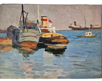 Original Mid Century Oil Painting, Sailboat Seascape 1970s, Ukrainian artist Skorlupin, Sailing lovers gift, Navy wall art, Mid 20th Artwork