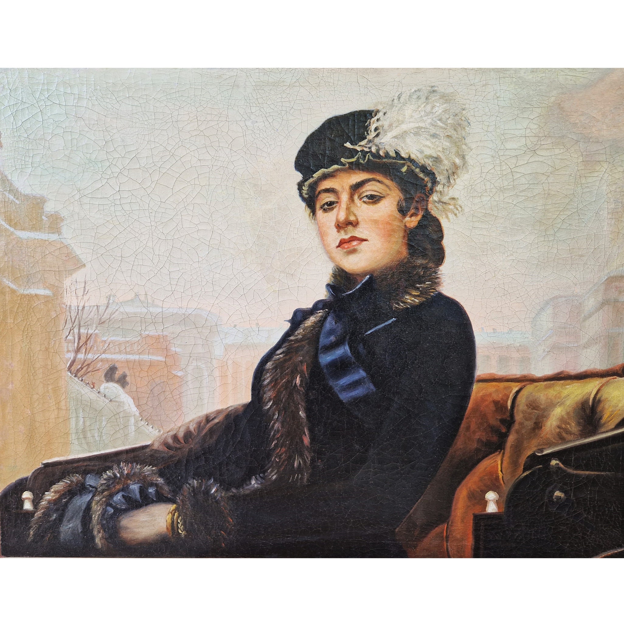 Vintage Oil Portrait of Elegant Woman in Carriage, Large 1970s Canvas ...