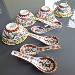 Hand-Painted Chinese Porcelain Bowl Set: Dragon & Phoenix Design