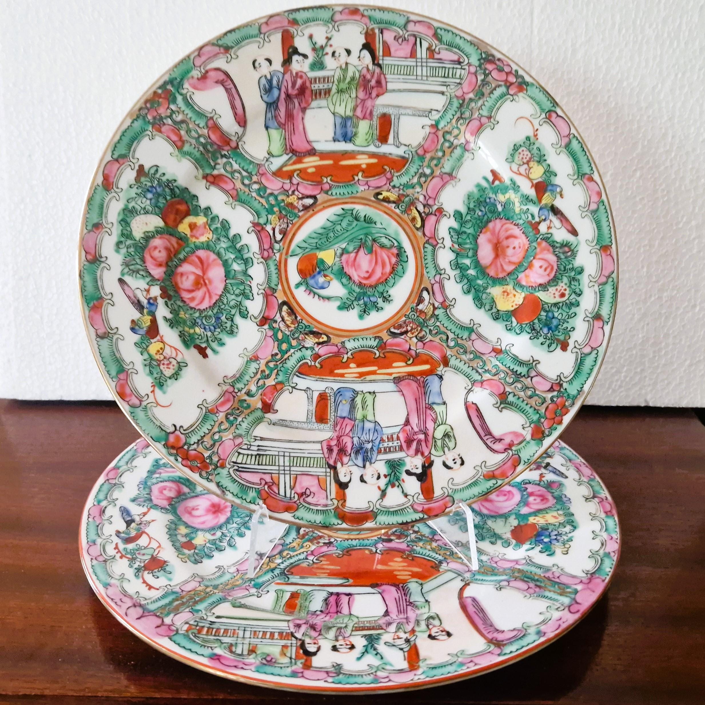 Vintage Rose Medallion Porcelain Plates: Famille Rose Chinoiserie