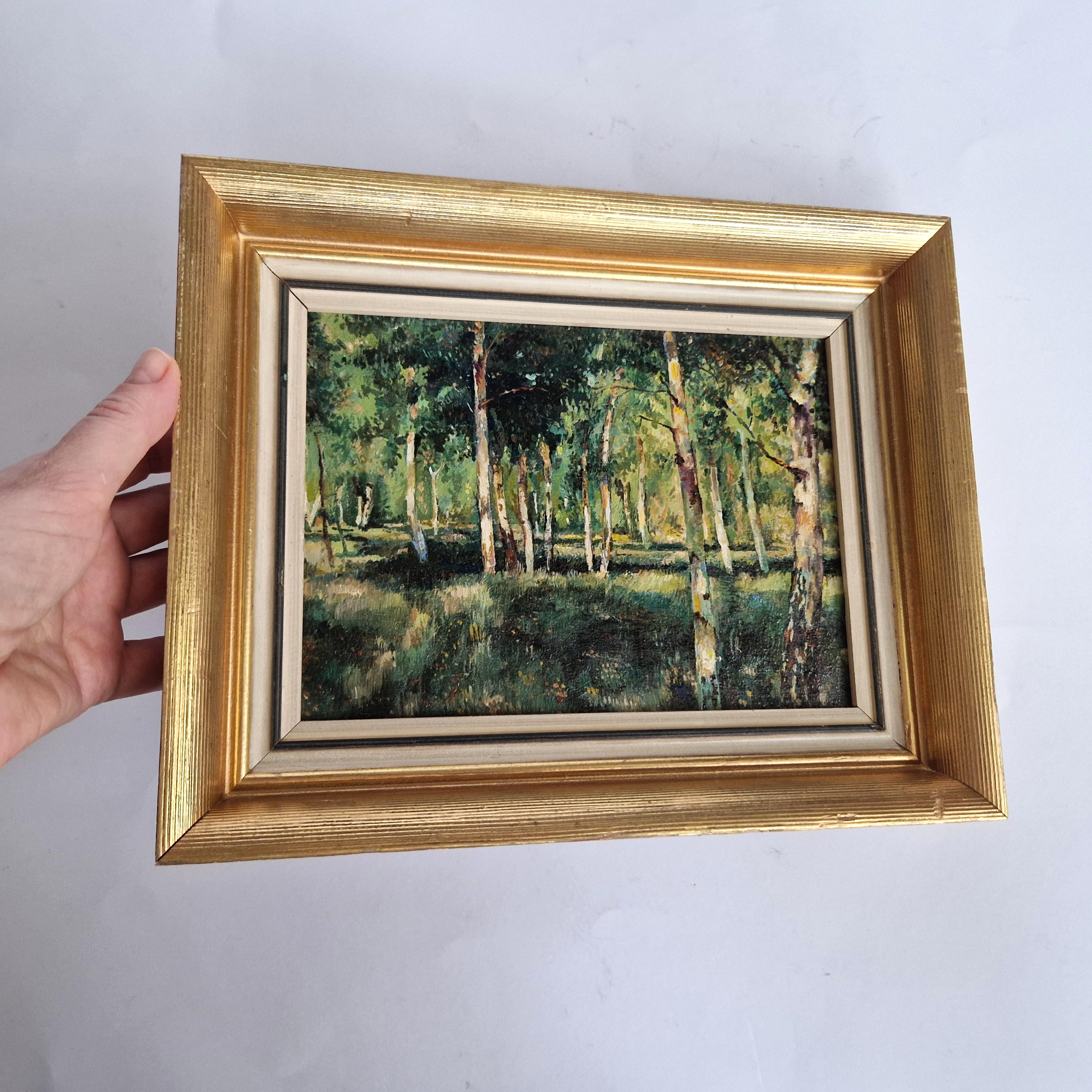 白樺の森の油絵、1940年代のオリジナル夏風景画、額装済みヴィンテージ
