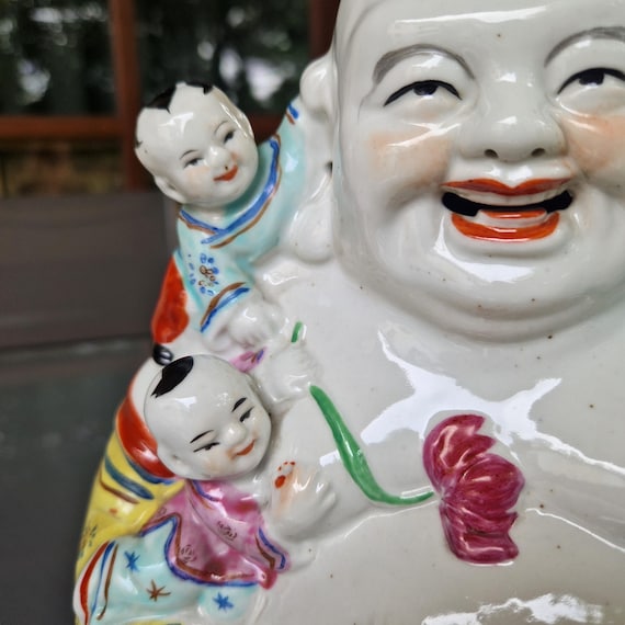 Vintage Famille Rose Porcelain Laughing Buddha Statue With
