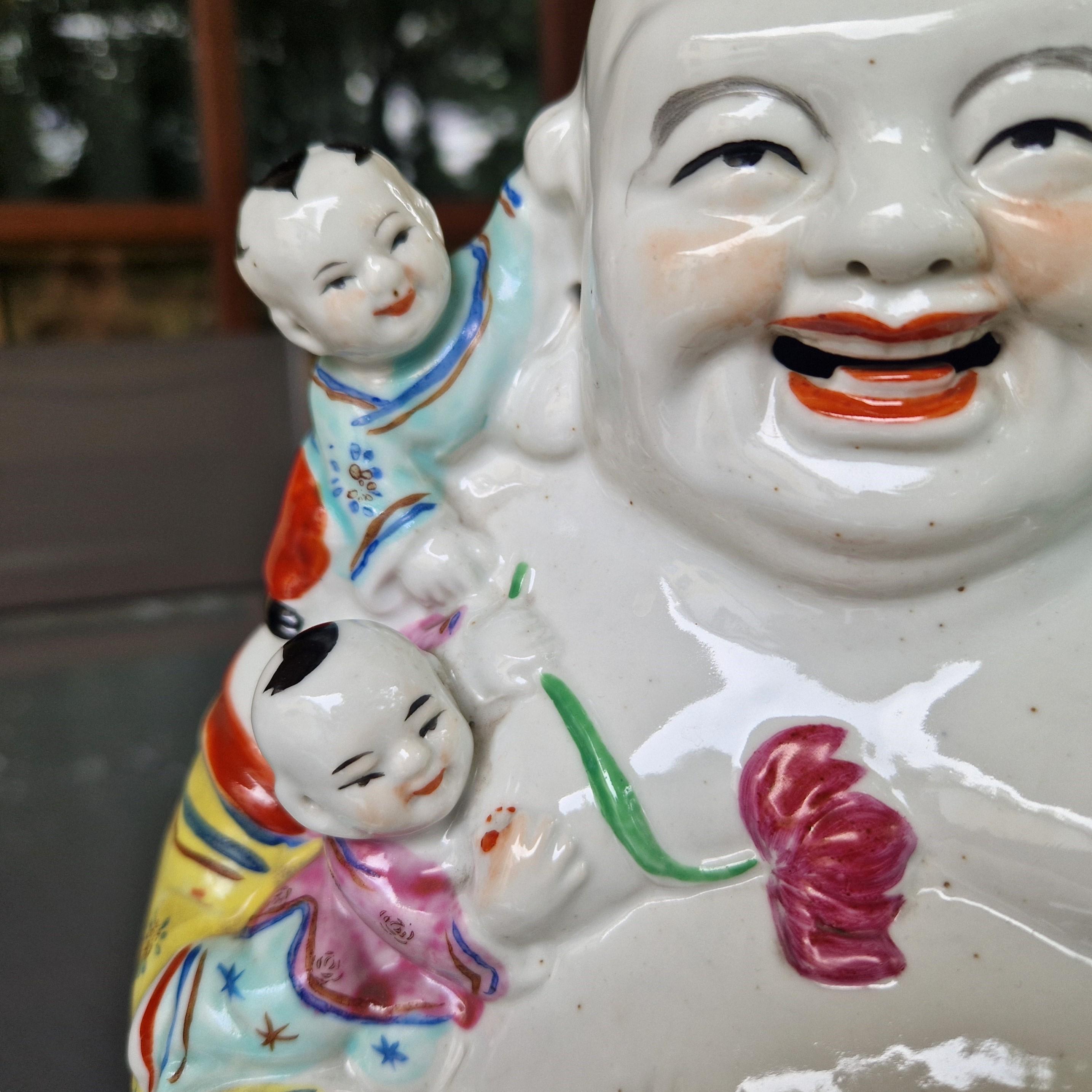 Vintage Famille Rose Porcelain Laughing Buddha Statue With