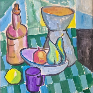 Cubism original still life with bottle and fruits, Vintage painting, Abstract painting, Bright impressionism painting 1976 Ukrainian art