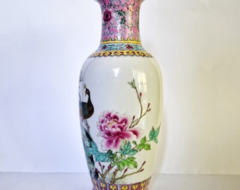 Vintage Famille Rose Vase: Hand-Painted Birds & Flowers, Jingdezhen Chinese Porcelain 12 inch