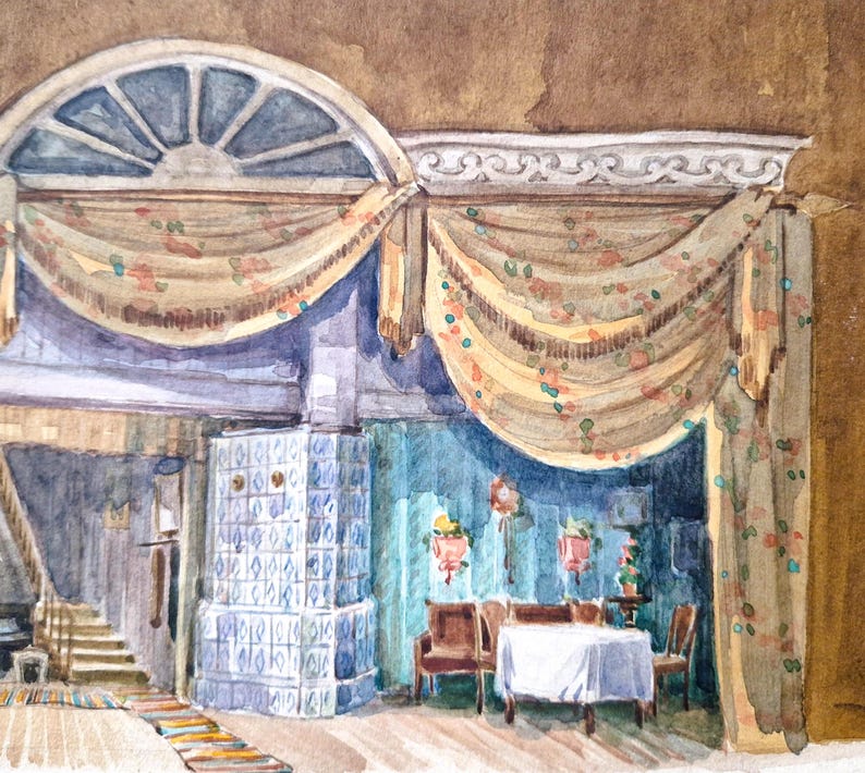 Acuarela original de diseño escénico teatral – Obra de arte de escenografía vintage, arte para teatro de ópera, arte mural dramático, interior maximalista imagen 7