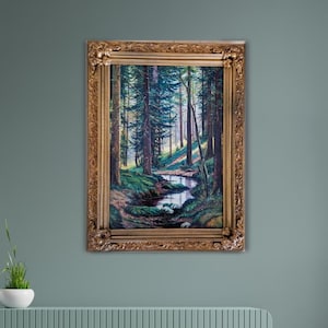 Vintage Landscape Painting Frame, Forest Wall Art, Original Painting Antique Oil Moody Landscape, Gold Ornate Frame, Mythical Forest Art