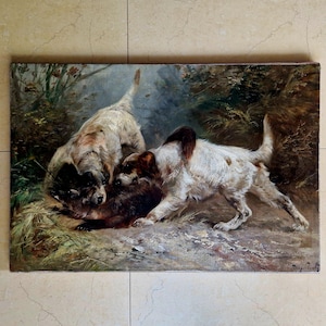 ANTIQUE OIL PAINTING Hunting Dogs Setters, Large 19th Belgian Original Painting on Canvas by Henry Schouten Shabby Moody Interiors Landscape