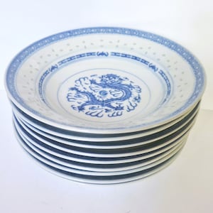 Speiseteller - Vintage chinesische Suppen Reiskorn Augen Porzellan 8 "Teller, Drachen Blau Weiß Jingdezhen Tienshan, Suppenteller 20,5 cm