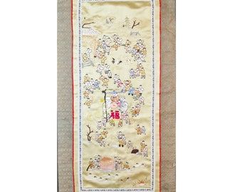 Vintage Chinese Silk Panel, Tapestry with Hundred Boys, Table Runner, Embroidery Wall Hanging Art, Happy Children Playing, Table Centerpiece