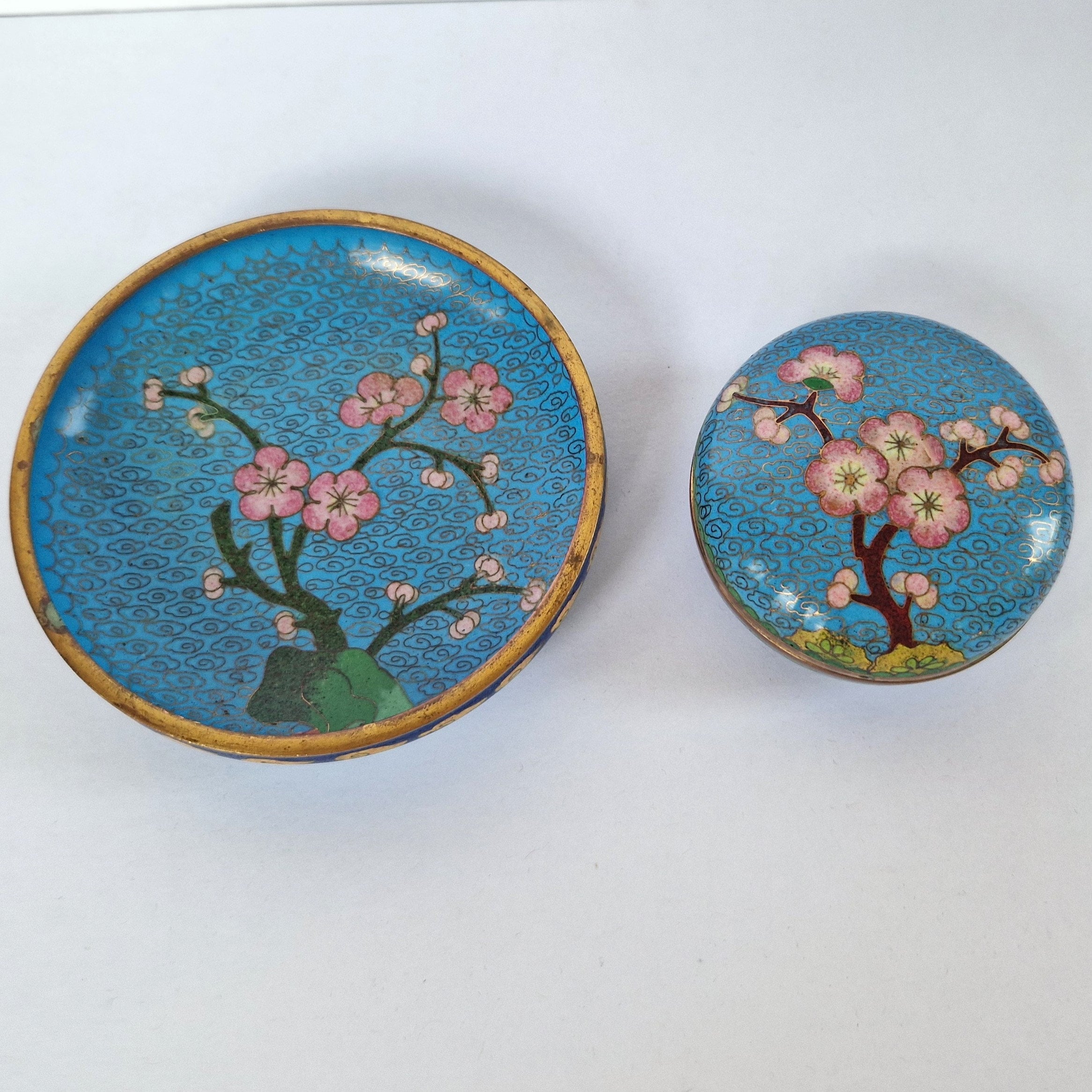 Vintage Chinese Cloisonne Cherry Blossom Plate & Box Blue Enamel