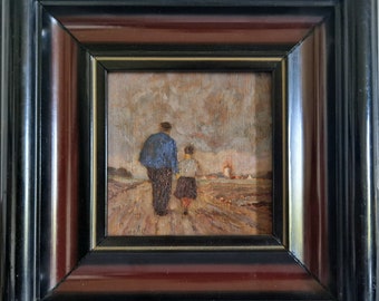 Original Belgium Impressionist Moody Landscape Oil Small Painting by Artist Cockx, Miniature Framed painting Mini painting with Dad Doughter