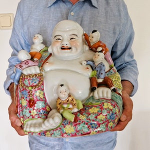 Large Famille Rose Laughing Buddha Statue: Hand-Painted Porcelain Hotei