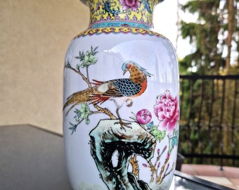 鳥と花が描かれたヴィンテージ中国製花瓶 - アジア風装飾磁器瓶 - 高さ