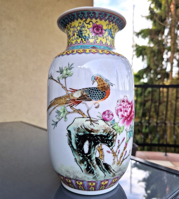Vintage Chinese Porcelain Vase: Hand-painted Bird & Flowers, 10