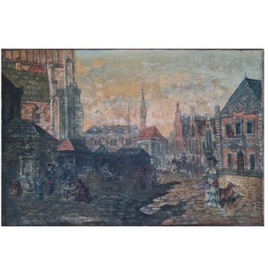 Antique Dutch Cityscape Oil Painting: 19th Century European Art