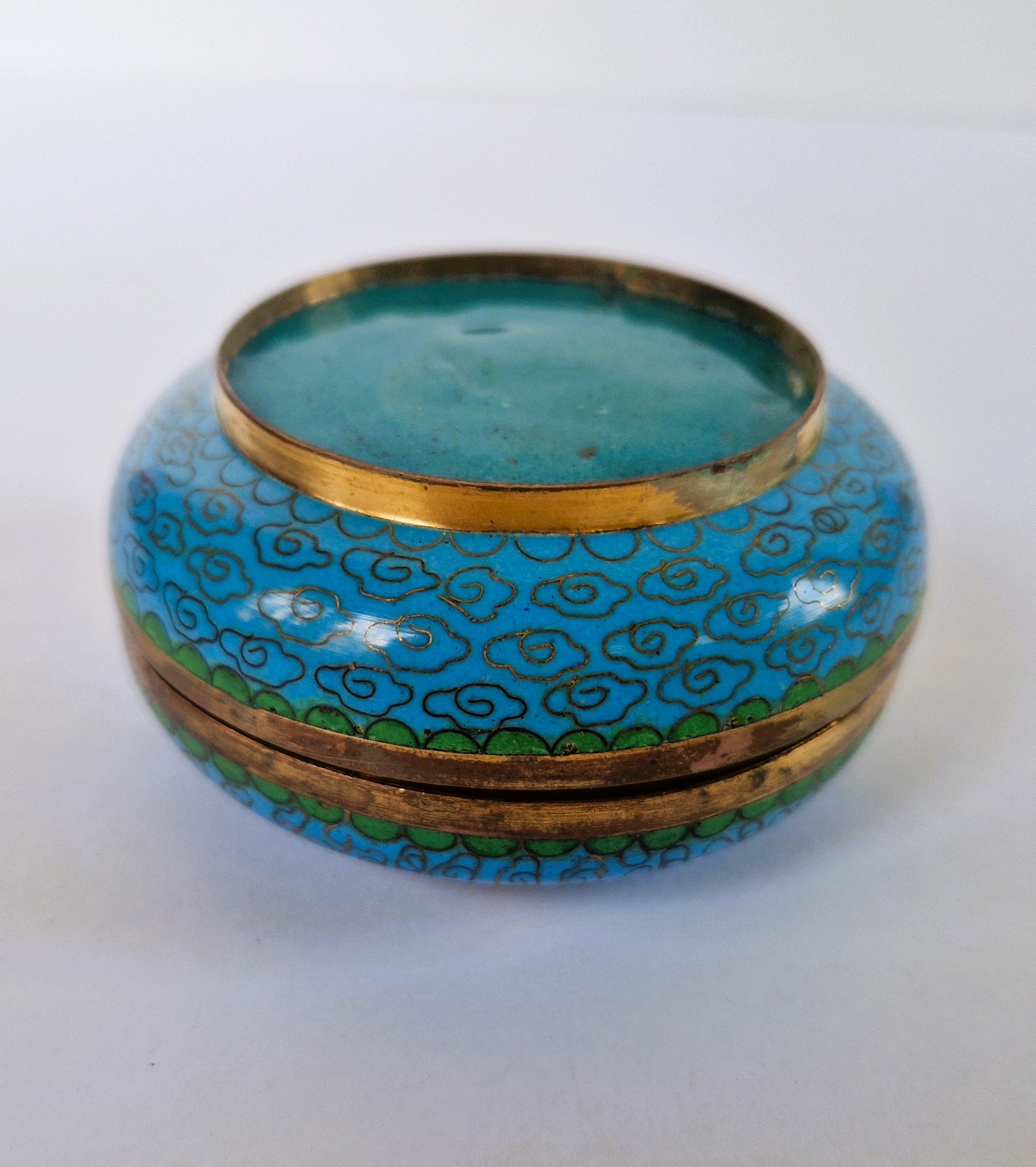 Vintage Chinese Cloisonne Cherry Blossom Plate & Box Blue Enamel