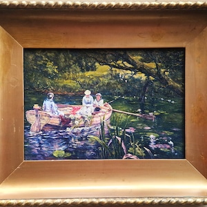 Antique Original Oil Painting &quot;On the boat&quot;, Antique Iddylic Oil Painting, River Scene Countryside Landscape Painting, Antique Gold Framed