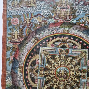 Pu&ograve; includere: Un dipinto di mandala colorato su tela con dettagli intricati e una figura centrale. Il dipinto presenta un design circolare con un quadrato al centro, circondato da cerchi pi&ugrave; piccoli e figure. I colori sono vivaci e includono rosso, blu, verde, giallo e oro.