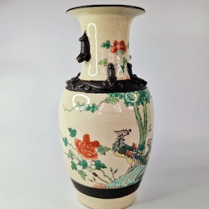 Crackled Porcelain Chinese Vase, Porcelain Antique Chinese Vase, Large Vase, Asian Ceramic,  Chinoiserie Phoenix Bird and Flower Motif