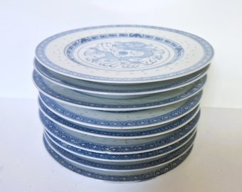 11 platos de porcelana china vintage con diseño de dragón: plato de postre con forma de grano de arroz de 17,5 cm (6,9 pulgadas) con decoración chinoiserie azul y blanca.