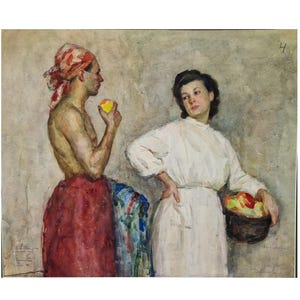 Mid Century Original Painting Figurative Scene, Vintage Portrait of Man and Woman, Fine Art Ukrainian Painting, Portrait Original Artwork