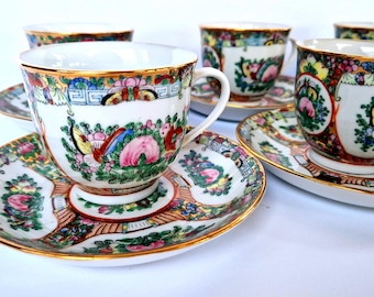 Vintage Chinese Porcelain Cup and Saucer Set Famille Rose Medallion x6 - Tea or Coffee Hand-Painted Cups Plates