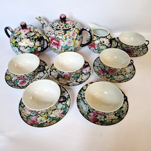 Chinese Antique Famille Noire Tea Set - Hand Painted Millefleur Design from Jingdezhen 1950 民国粉彩百花不落地壶  Vintage Porcelain Chinese  艺术瓷厂