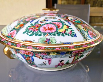 Rose Medallion Chinese Porcelain Dish: Vintage Famille Rose Export Covered Bowl, Pink Gold Green Decor