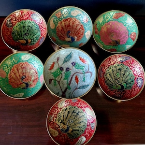 Antique Enamel Bowls Indian Home Decor, Indian Decor Brass Bowls x7 Padestal Bowl with Peacock Bird, Enamel Trinket Dish, Vintage Indian Art