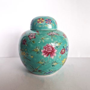 Chinese Turquoise Ground Ginger Jar with Lid, Chinese Porcelain Famille Rose  Vase, Turquoise Lidded Jar, Chinese Antique, Oriental decor