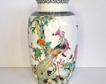 Vaso in porcellana cinese vintage: uccelli e fiori dipinti a mano, 20 cm, Famille Rose, marchio Qianlong 1950-1970 三隆 567