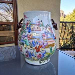 Famille Rose Porcelain Vase: Chinese Hundred Boys Enamel Relief, Deer Handles
