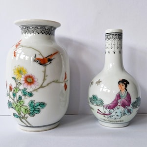 Vintage Famille Rose Porcelain Vases: Hand-Painted Birds & Garden Scene, Jingdezhen China