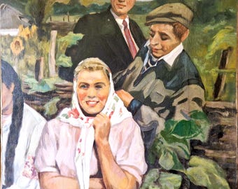 Großes Vintage Ölgemälde Ländliche Szene, Landschaft Porträt Gruppe, Osteuropäische Figurative Kunst, Mid Century Wandkunst, Stimmungsvolles Interieur